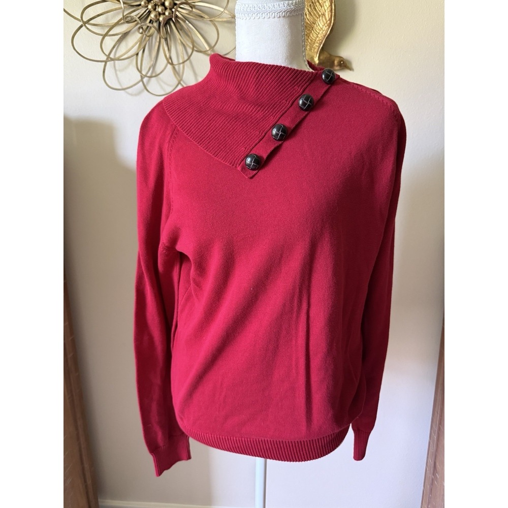 Jeanne Pierre Red Mock Neck Sweater Women's Large Button Shoulder Cotton Knit